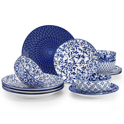 12 Pieces Dinnerware Sets, Mircowave and Dishwasher Safe Dishes Set, Porcelain Blue Kitchen Set