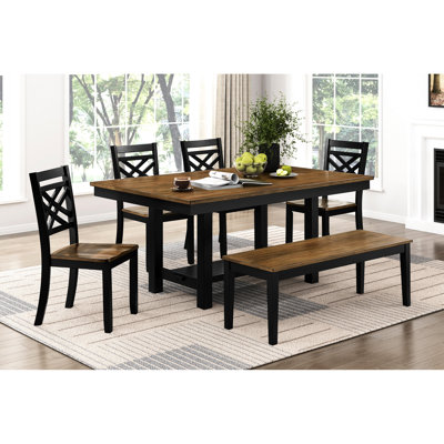 Table de salle à manger moderne en bois 6 pièces, 2 tons, table rectangulaire avec tablette, banc et 4 chaises d'appoint