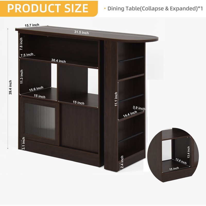 Table de salle à manger pliante de 62 po de large avec plateau tournant, table à hauteur de comptoir avec armoire de rangement latérale, table de bar pour îlot de cuisine, noyer