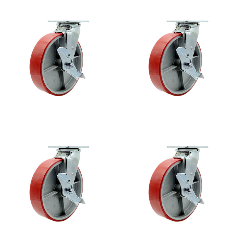 8 Inch Red Poly on Steel Caster Set with Roller Bearings 4 Brake 2 Swivel Lock, Rouge