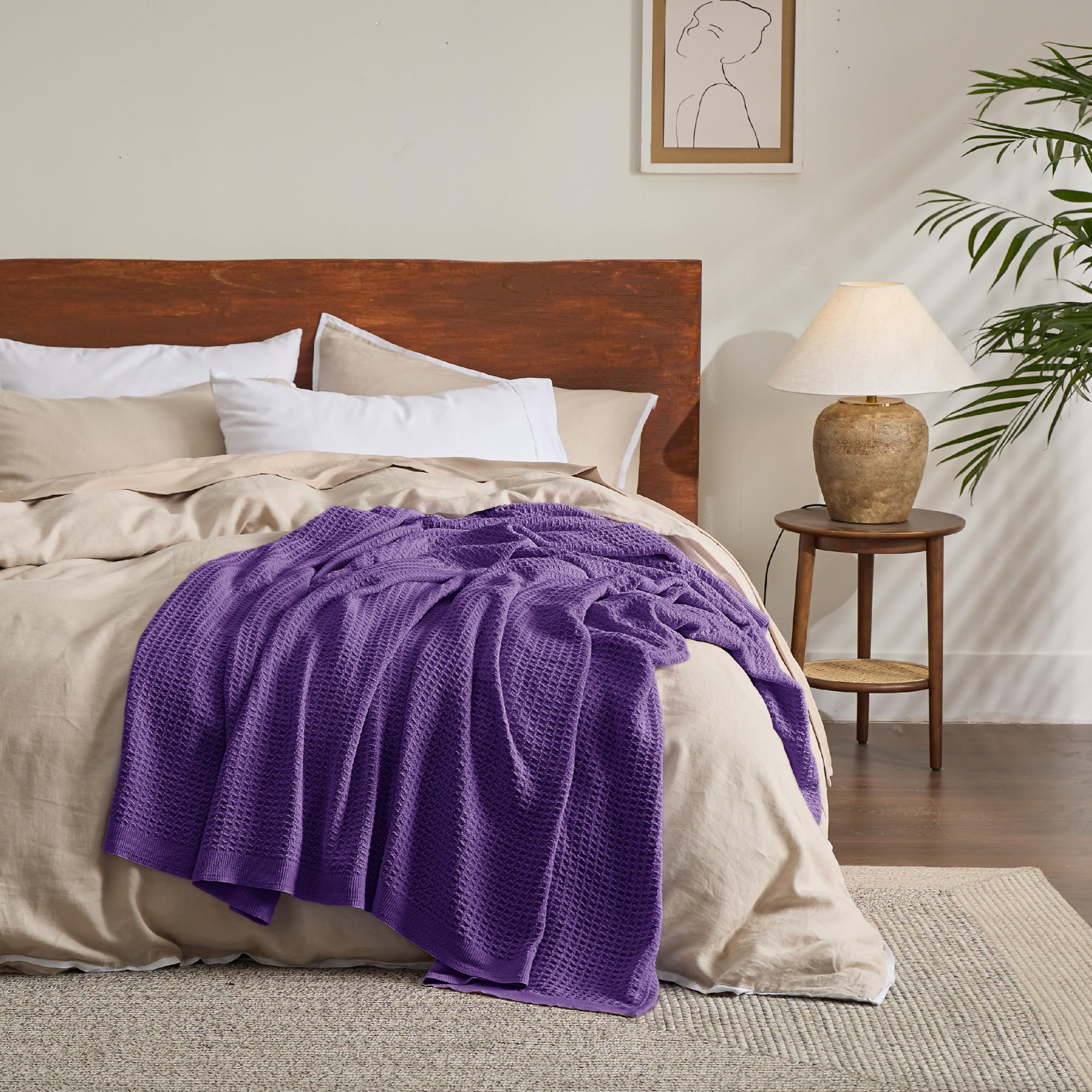 Essential Collection Bedsure 406gsm 100% Cotton Blanket Breathable Waffle Weave Throw Blanket GentleSoft™️, Purple, King