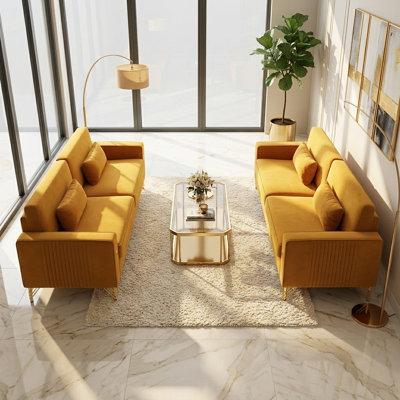 FX-P18-OR-2PCS Mustard Yellow Velvet Sofa Set,2 Piece Modern Living Room Couch Set with Two 2 Seater Sofas,Mid Century Modern Furniture with Gold Legs,Comfortable Seating for Home Apartment