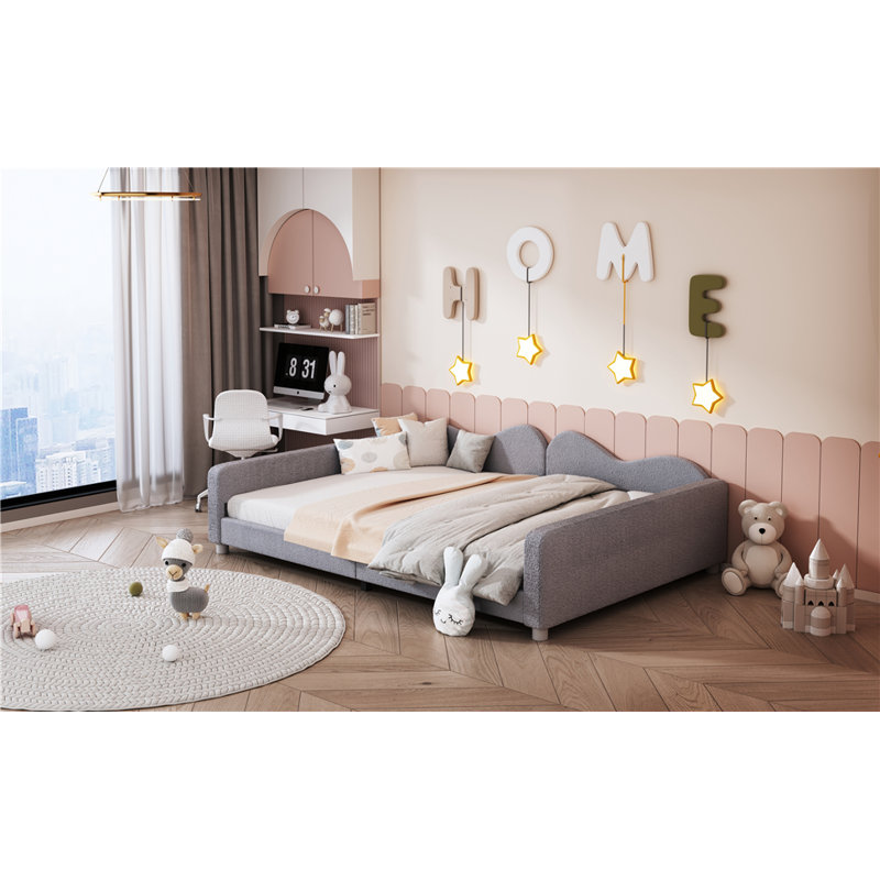 Upholstered Daybed, Sherpa Fabric Sofabed With Cloud-Shaped Backrest, No Box-Spring Needed, Gray