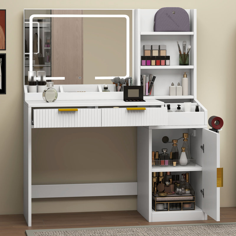  39.7" Vanity Desk With Large Lighted Mirror, 2 Drawers & Shelves & Charging Station, White