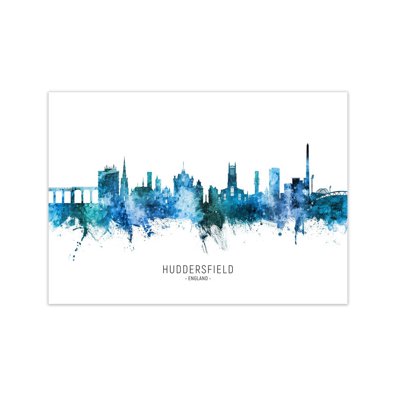 Huddersfield England Skyline Blue City Name by Michael Tompsett - Print, 30cm H x 42cm W x 1cm D, Unframed