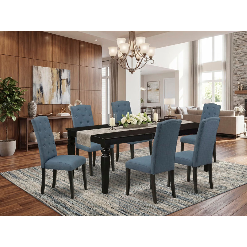 7 Piece Modern Dining Set Consist of a Rectangle Dining Table with Butterfly Leaf and 6 Mineral Blue Linen Fabric Upholstered Chairs, Black
