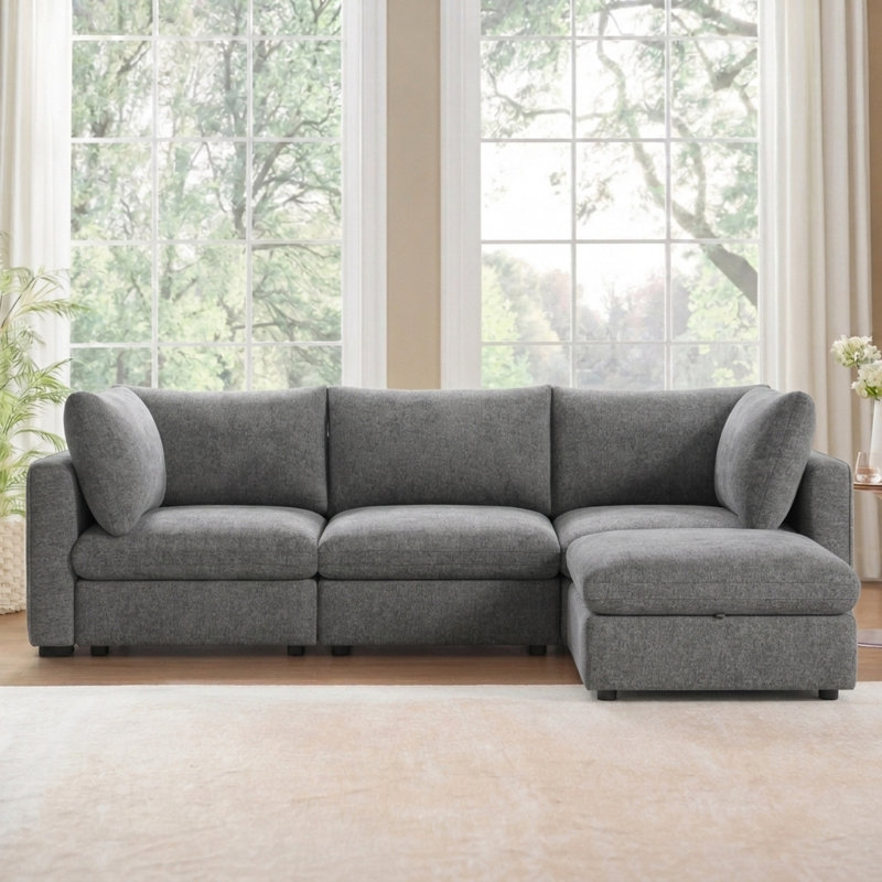 Canapé modulaire rembourré avec rangement Sheley, Gris chenille