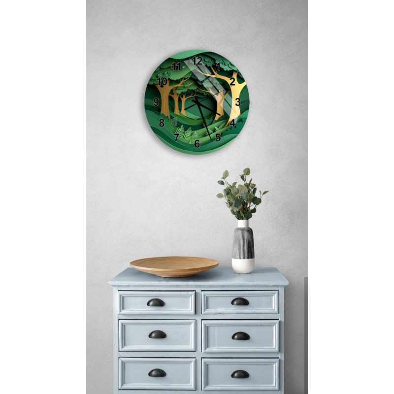 Horloge murale Enchanted Forest Temped Glass - Green Nature, 14 pouces, Or anglais