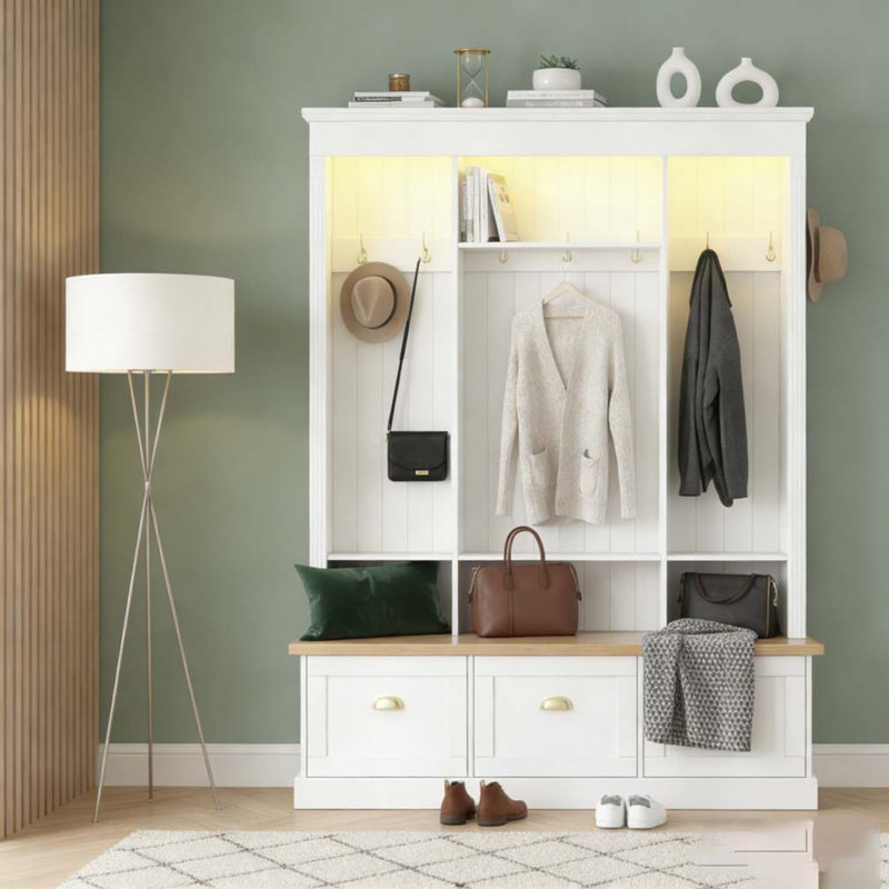 Elegant APP Controlled LED Light Hall Tree with 9 Hooks, Roman Column Design Natural Storage Bench with 3 Large Cabinets