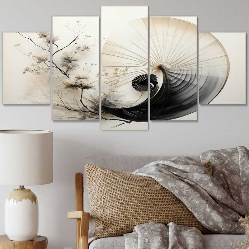 Asian Art Seashell Sumi VI - Art mural asiatique sur toile - 5 panneaux