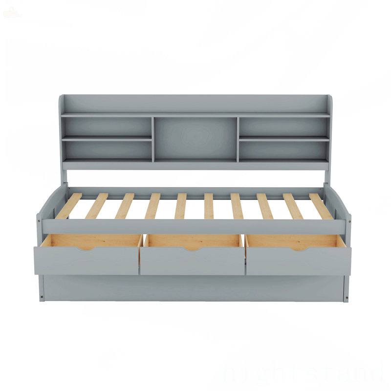 Twin Size Wooden Captain Bed With Built-In Bookshelves