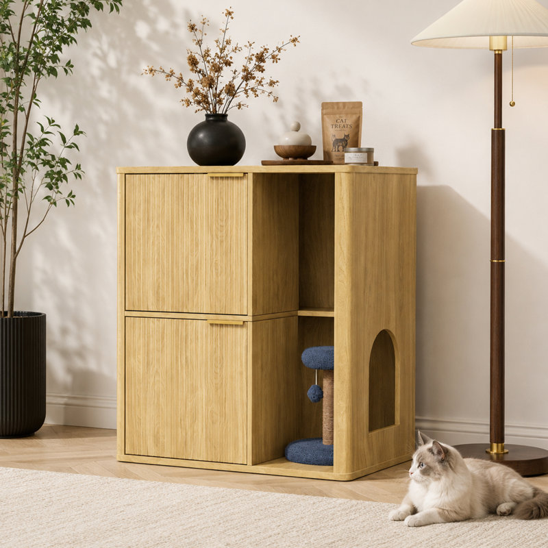 Litière pour chat 31,5 "en noyer avec arbre à chat, meubles dissimulés rainurés, Yellow