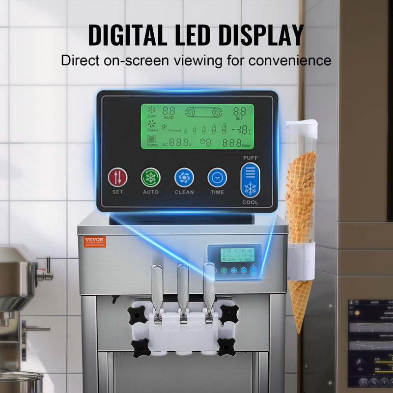 Machine à crème glacée commerciale, rendement de 21 pte / h, machine à crème glacée pour comptoir à 3 saveurs 1800 W à 3 saveurs, trémie de 4 L, 2 cylindres de 1,8 L, pré-refroidissement automatique du panneau ACL, pour le casse-croûte du restaurant