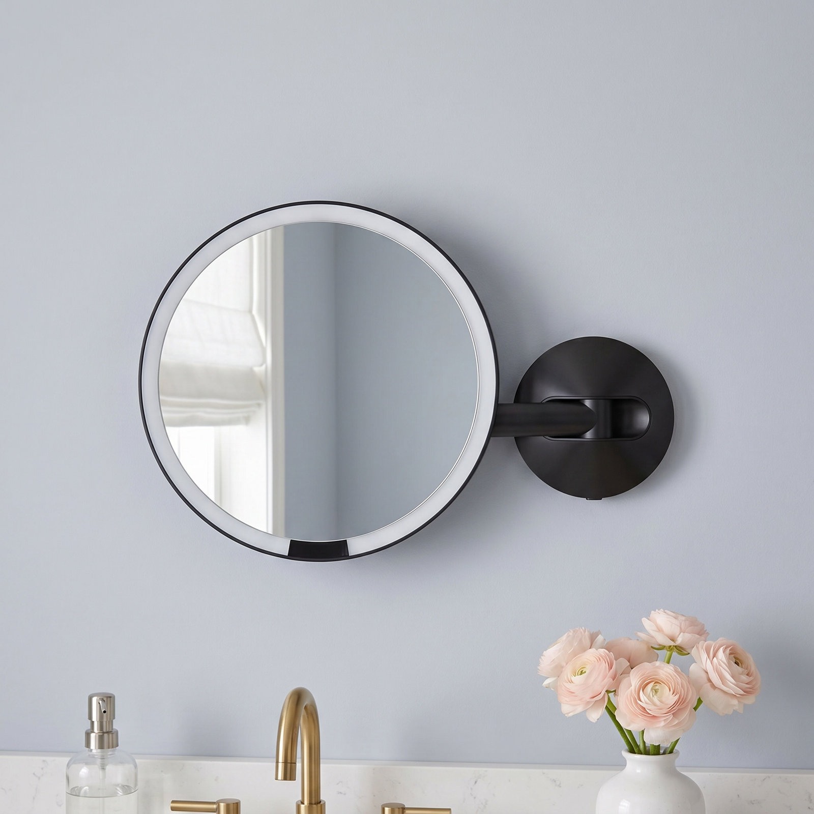 Simplehuman 8" Round Wall Mount Sensor Makeup Mirror, 5X Magnification, Hard-Wired, Stainless Steel, Black