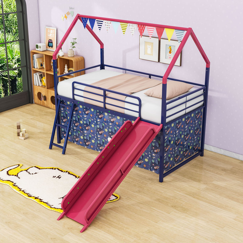 Twin House Loft Bed With Slide And Curtain, Navy Blue Red