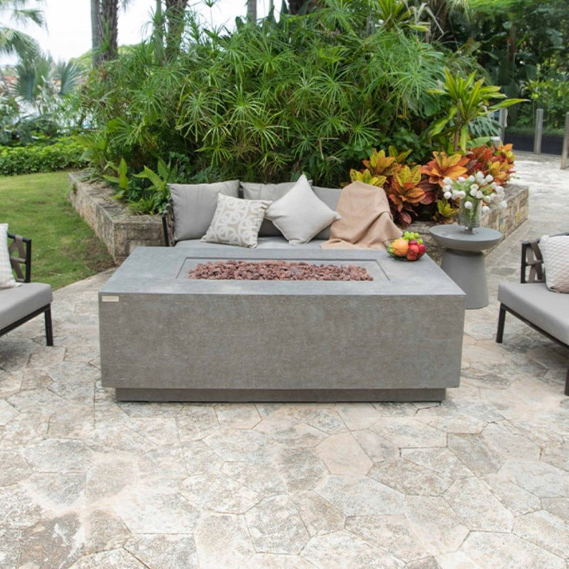 Andes 22'' H x 66'' W Concrete Propane Outdoor Fire Pit Table Hideaway Tank Holder with Lava Rocks, Light Gray
