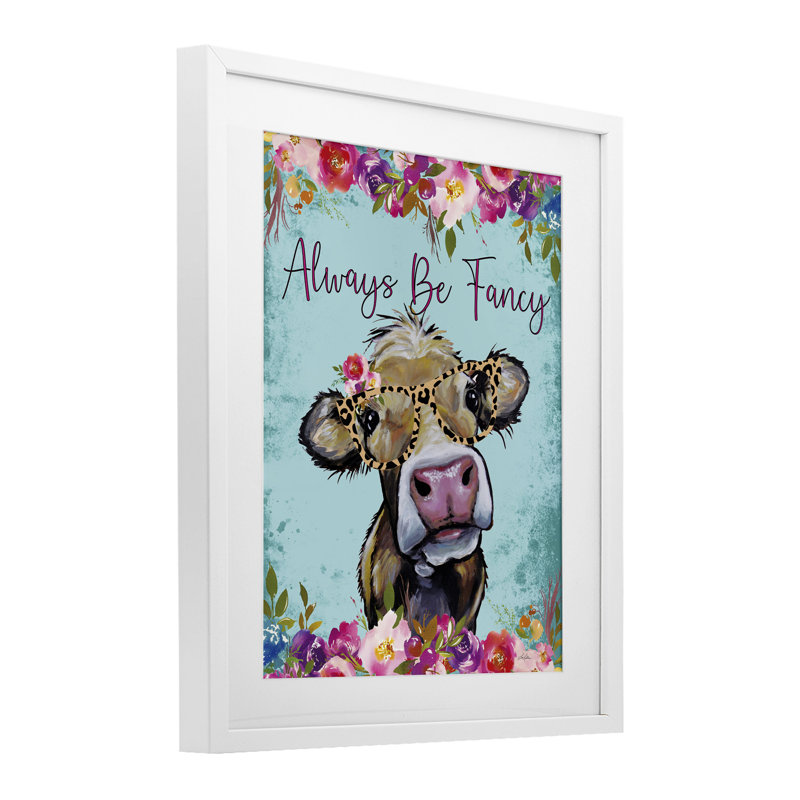 «Always Be Fancy Cow», reproduction sous verre encadrée, conception par Lee Keller, H 16 po x l 13 po, Cadre blanc côtier