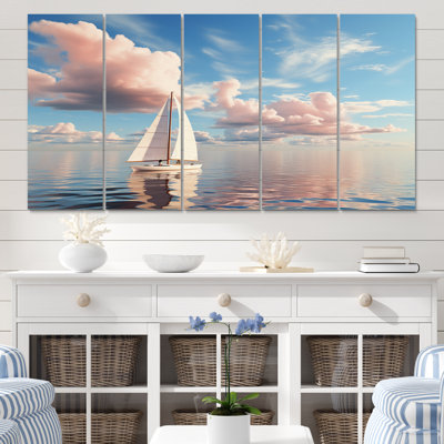 Voilier blanc, nuage rose, coucher de soleil, réflexion I - impression sur toile de bateau - 5 panneaux égaux