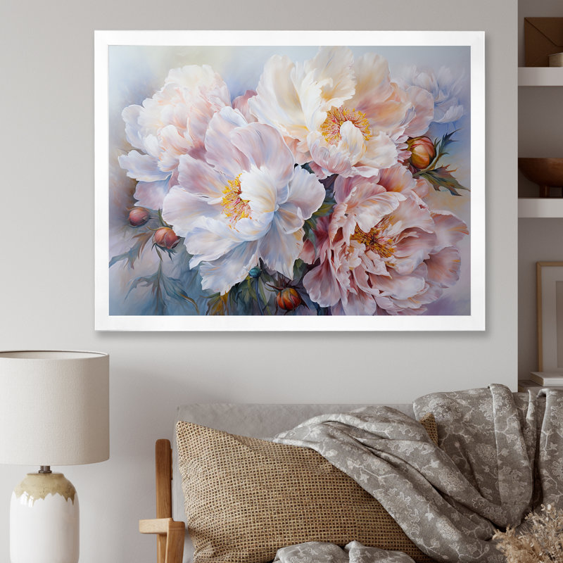 Reproduction d'art sur toile, pivoines roses et blanches, Cadre simple blanc, H 16 po x l 32 po x P 1 po