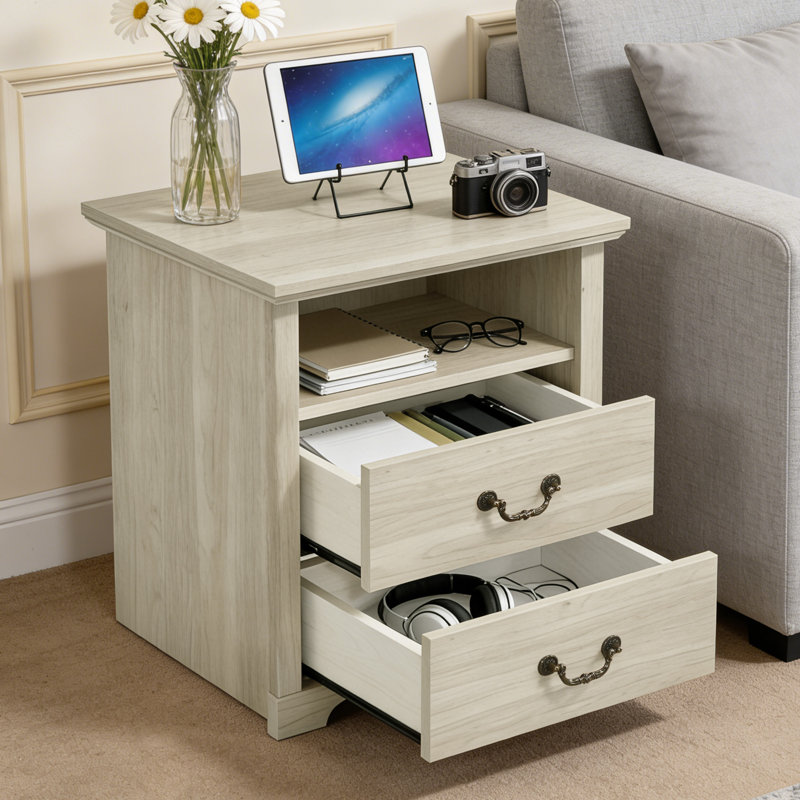 Rutland en bois rustique de 21,8 po avec 2 tiroirs de rangement, table de chevet avec tablette ouverte pour la chambre à coucher