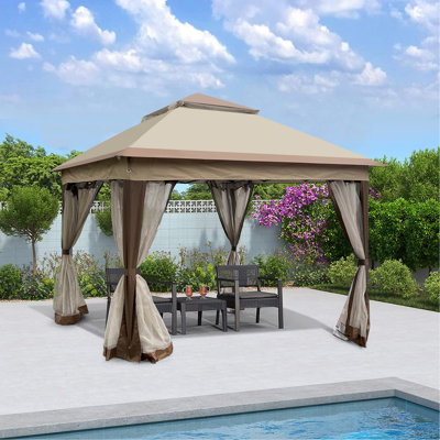 Abri de jardin escamotable d'extérieur 11 pi 11 pi avec filet à fermeture à glissière amovible, tente d'événement à toit souple à 2 niveaux, adapté au patio, au jardin, au camping, au café