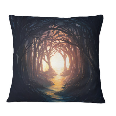 Coussin décoratif imprimé tropical «A Dark Forest conduisant à coloré et lumineux»
