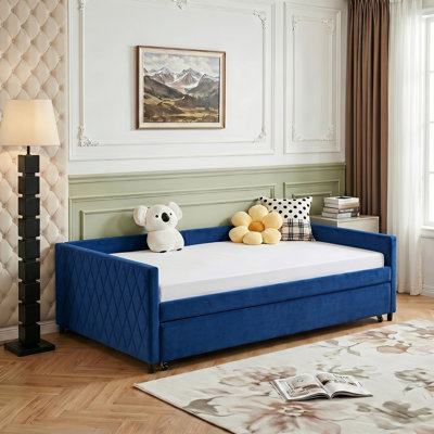 Lit de jour rembourré avec lit gigogne, structure en bois massif robuste, canapé-lit moderne à motif de losanges pour chambre d'amis Petit matelas non inclus, matelas non inclus