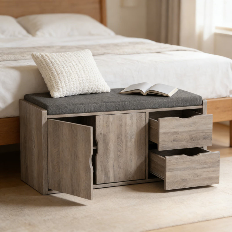 Banc de rangement industriel avec siège rembourré, 2 tiroirs et portes de grange - Banc à chaussures d'entrée avec tablette réglable pour couloir, salon ou chambre à coucher