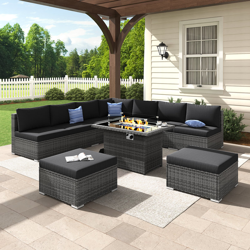 Bromelia 10-Piece Outdoor Modular PE Wicker Sectional Conversation Set with 43" Propane Fire Pit Table and Cushions, Black