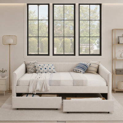 Lit de jour multifonctionnel en lin et tissu, 2 tiroirs de rangement, rayures verticales et lit gigogne, beige.