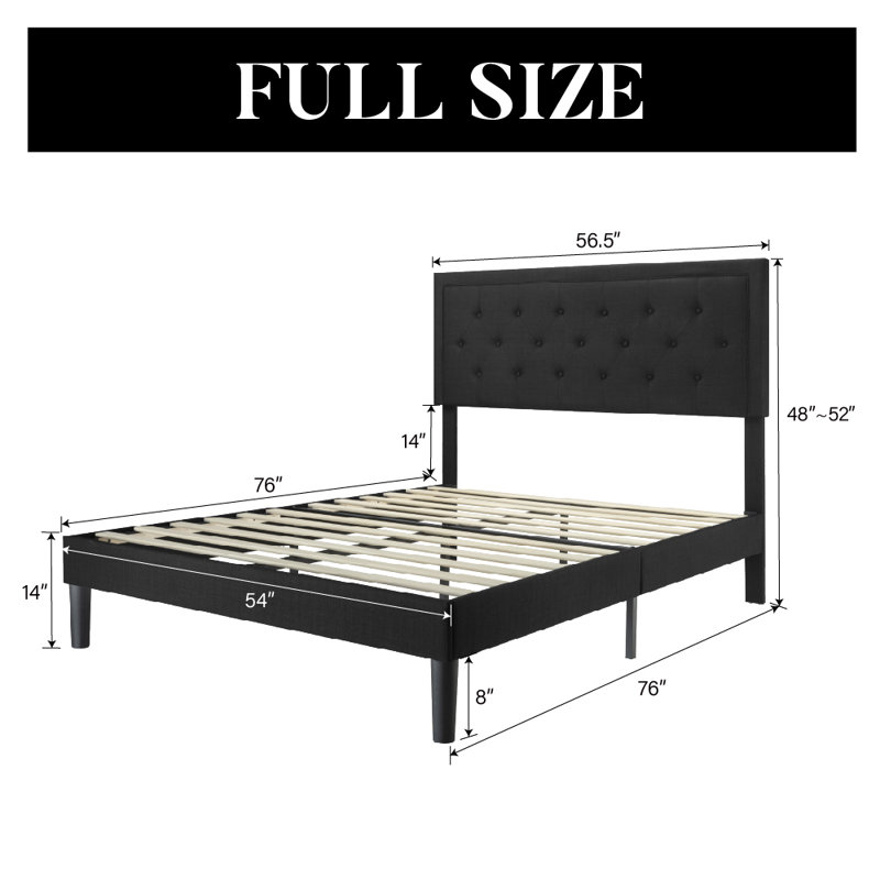 Hegg Tufted Upholstered Platform Bed with Wood Slats Headboard Included, Full, Black