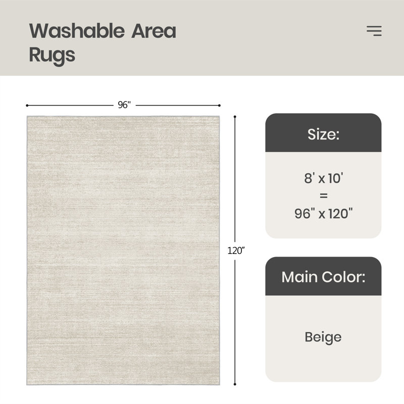 Tapis lavable à rayures rétro antidérapant (beige), Rectangulaire 8 pi x 10 pi, Beige