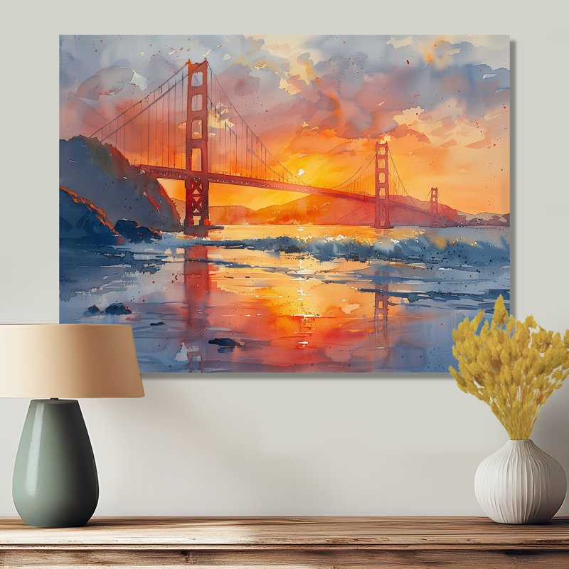 Art mural jaune jaune rouge Golden Gate, Métal métal, H 34 po x l 44 po x P 1,5 po