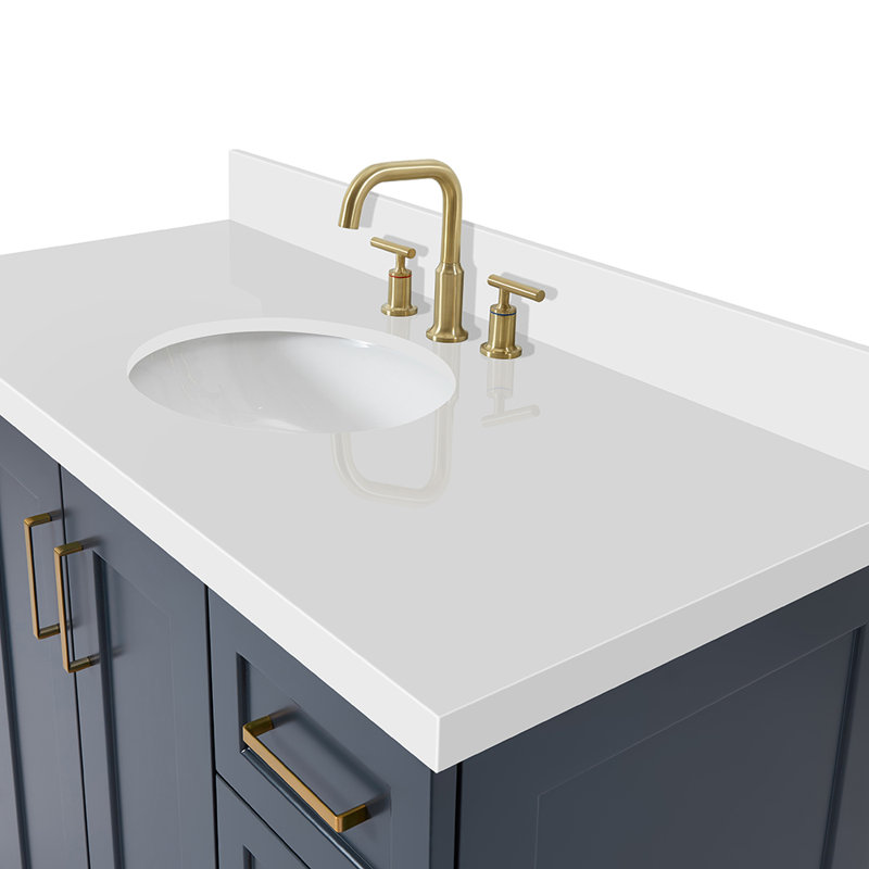 Freitas 48'' Solid Wood Single Bathroom Vanity, Midnight Blue, Rectangle, White Quartz