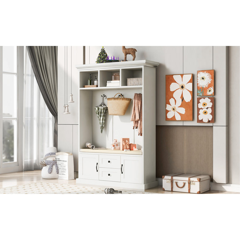 Rafkind Hall Tree with Bench  with 3 Hooks , Coat Hanger, Entryway Bench, Storage Bench, 3-in-1 Design, White