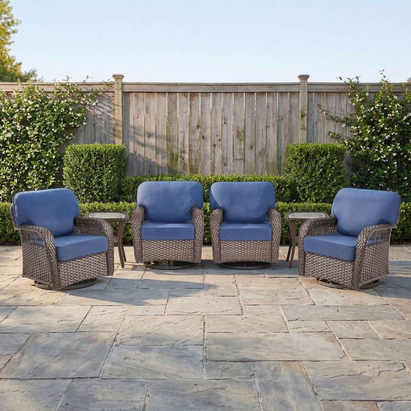 Ensemble de conversation pour patio en osier 6 pièces avec 4 chaises pivotantes et tables d'appoint, Bleu, Gris