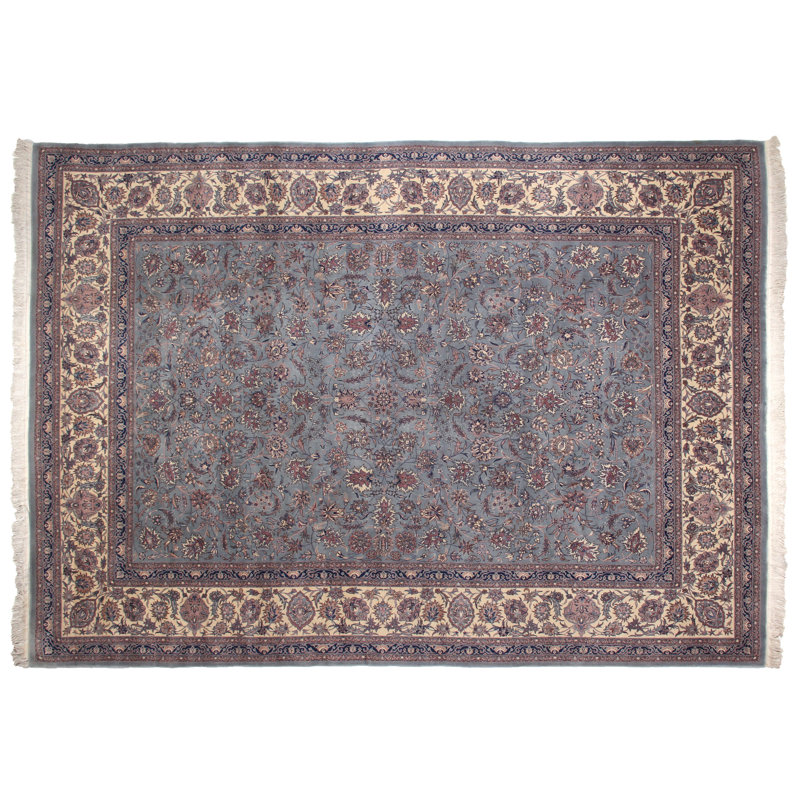 Hand-Knotted Blue and Ivory Wool Floral Area Rug