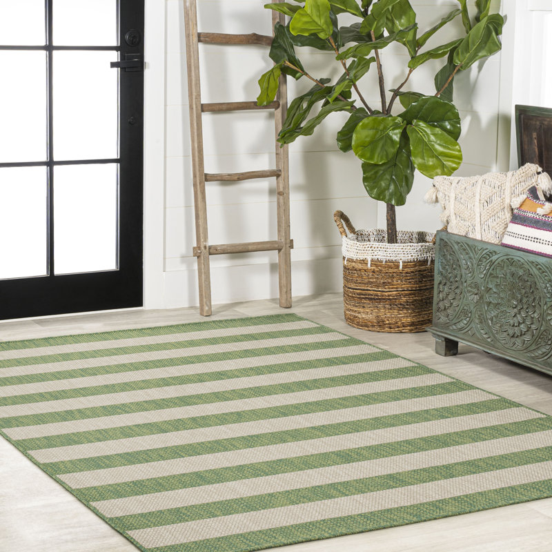 Cino Two-Tone Wide Stripe Green/Cream Indoor/Outdoor Rug, Rectangle 5'3" x 7'7"