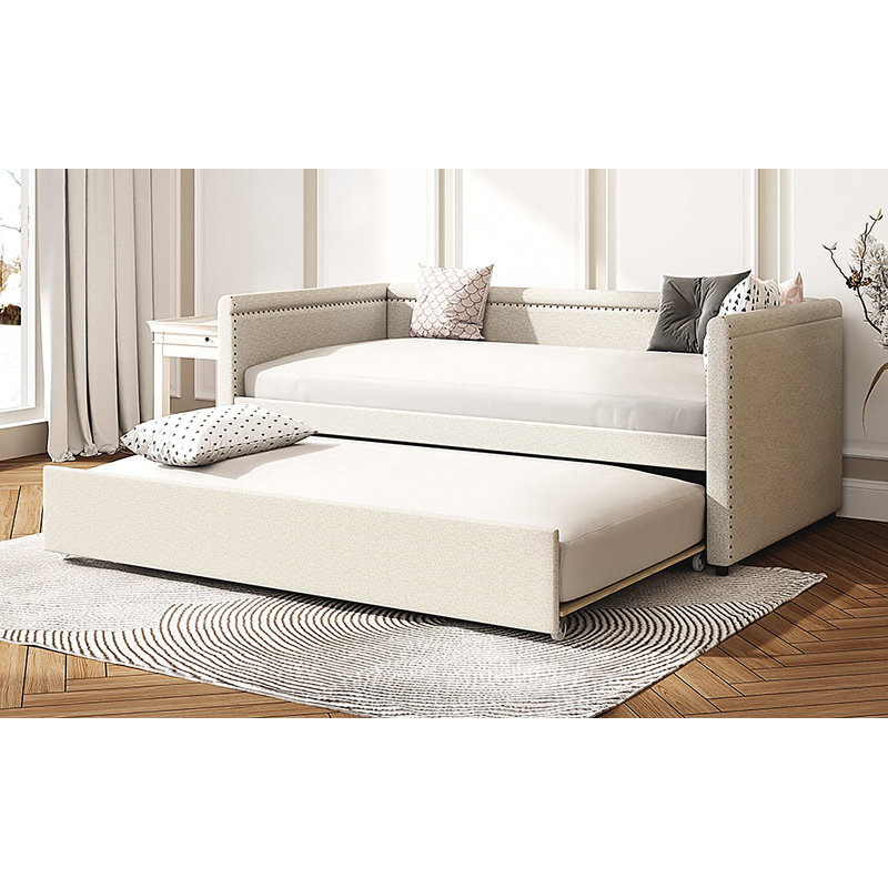 Twin Size Upholstered Daybed With Trundle, Beige