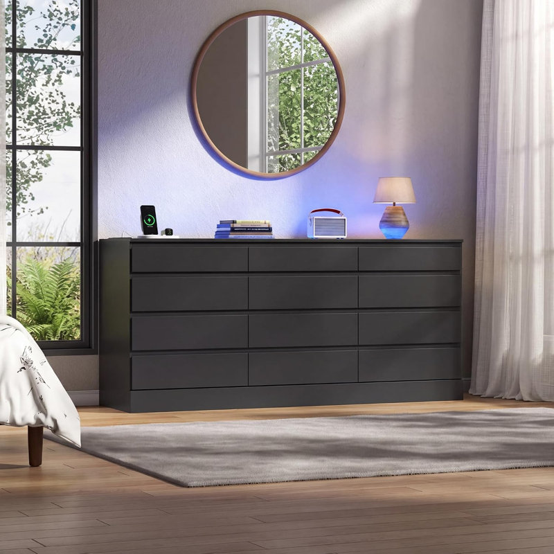 12 Drawer Dresser with Glass Top, Black