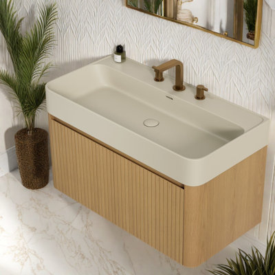 Meuble-lavabo suspendu de 91 cm avec lavabo, fini chêne moderne, rangement pour salle de bain