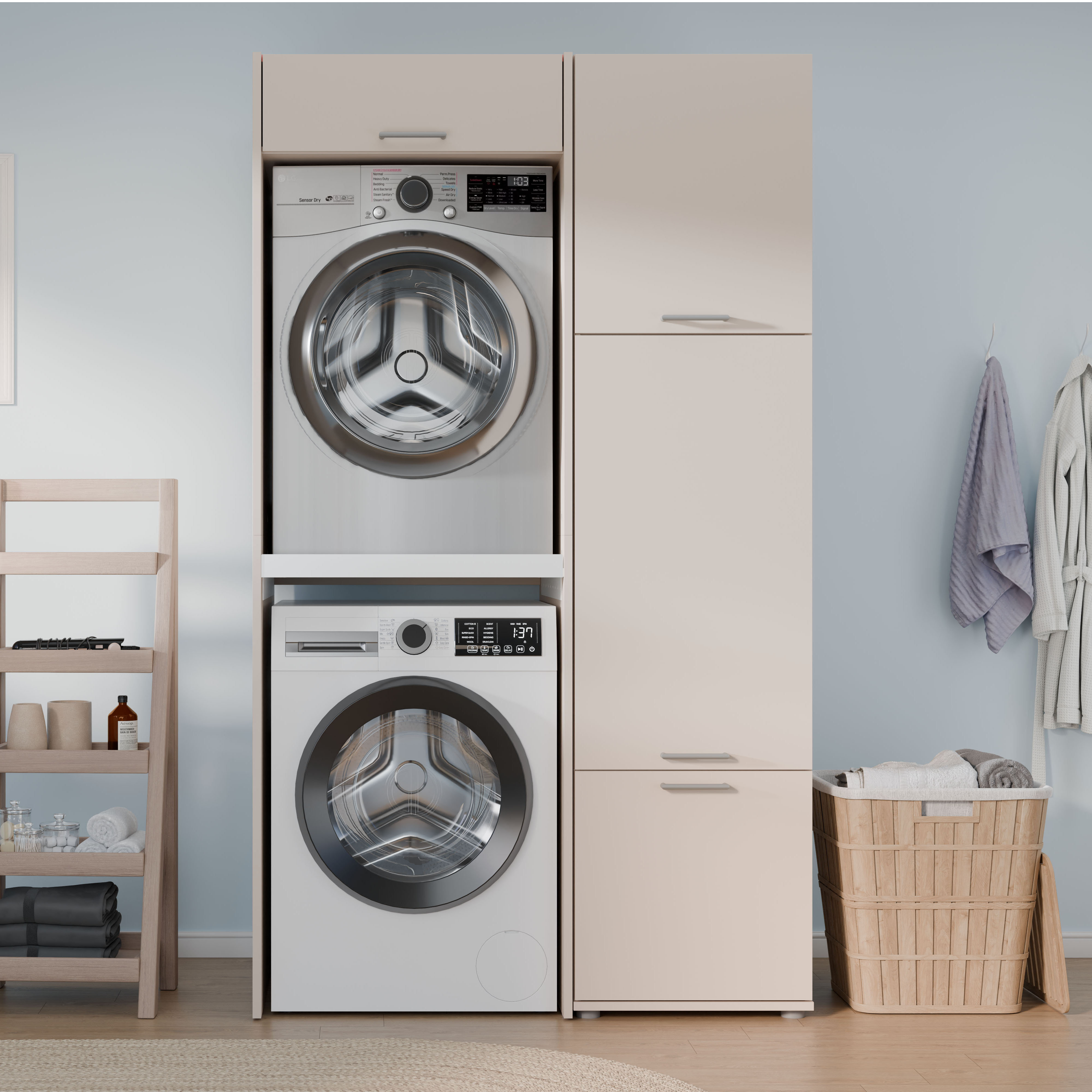 Wade Logan Tall Wash Utility Cabinet in Beige | Additional Storage Next ...