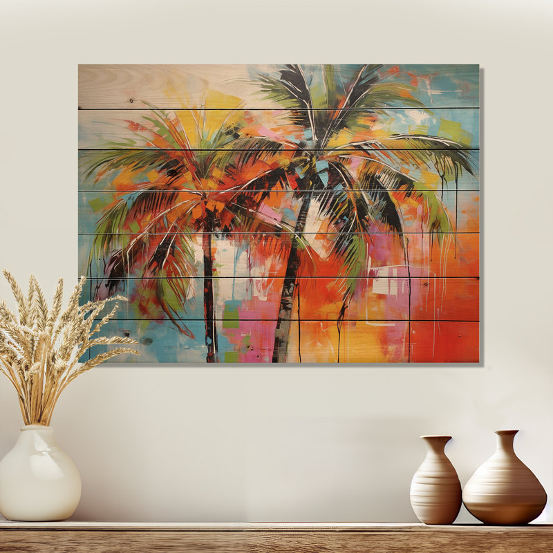 Popart palmiers I sur bois, H 30 po x l 40 po x P 0,78 po