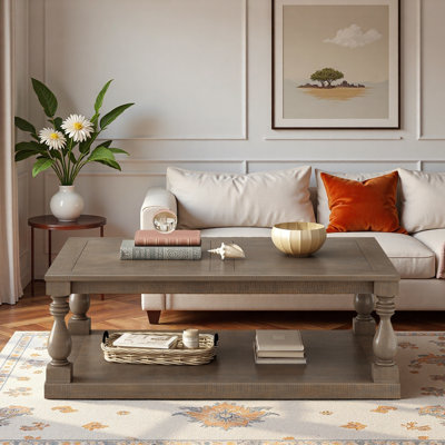 Vintage Coffee Table With Vase Column Legs, Pine Veneer And Lower Shelf