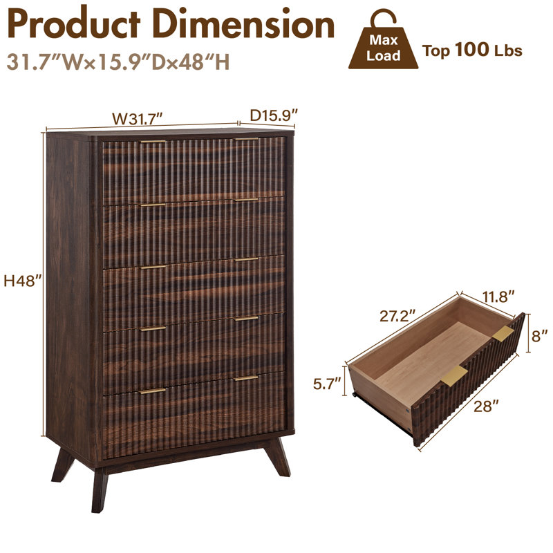 Modern 5 Drawer Dresser - Faux Marble Top & Curved Designsurface, Dark Walnut