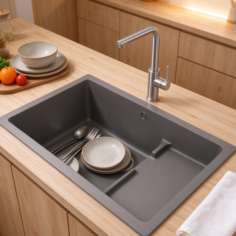 Graphite Grey Quartz Composite Single Bowl Drop-In Kitchen Sink with Built-in Drainage Ledge