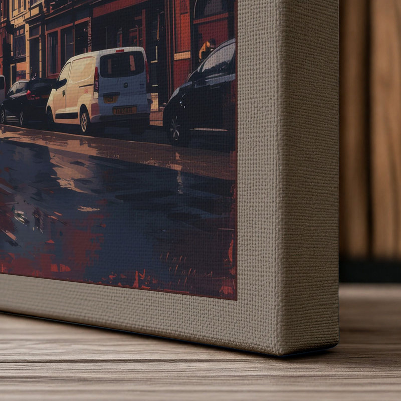 Wet City Street Modern 1 Piece Wrapped Canvas Wall Art, 18x12 - 45.7 x 30.5 cm, Taupe Border