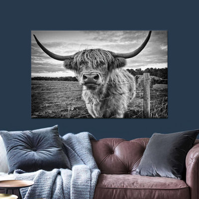 Tableau sur toile représentant une vache des Highlands : Impression photo de bétail écossais, affiche animalière, 1 toile encadrée blanche