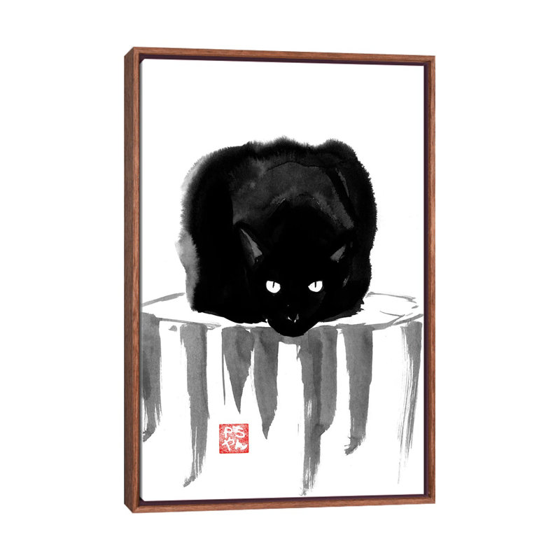 Black Cat On Wood by Péchane - Print on Canvas, 101.6 cm H x 66.04 cm W, Classic Brown Wood Framed