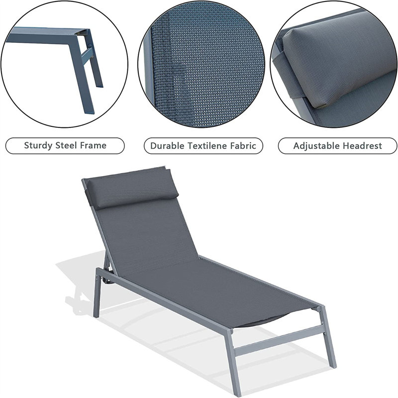 Outdoor Adjustable Backrest Leisure Recliner (Set of 2 Chairs with Table), Grey